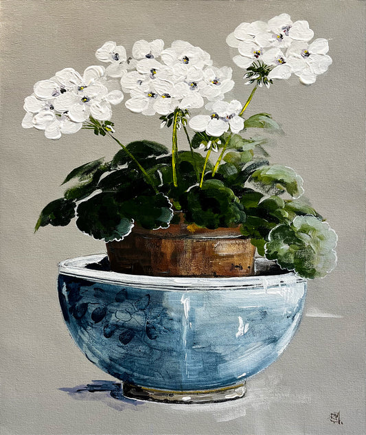 Painting of White Geraniums in Terracotta Pot Painted in Acrylic on Cotton Canvas roslynmary art.