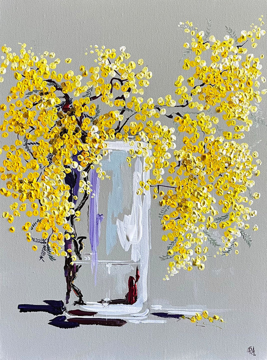 Painting of Wattle in Tall Glass Vase Painted in Acrylic on Cotton Canvas roslynmary art.