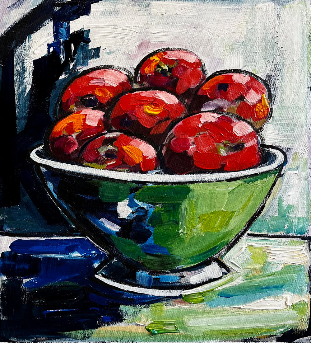 Painting of Red Apples in Green Ceramic Bowl Painted in Acrylic on Cotton Canvas roslynmary art.