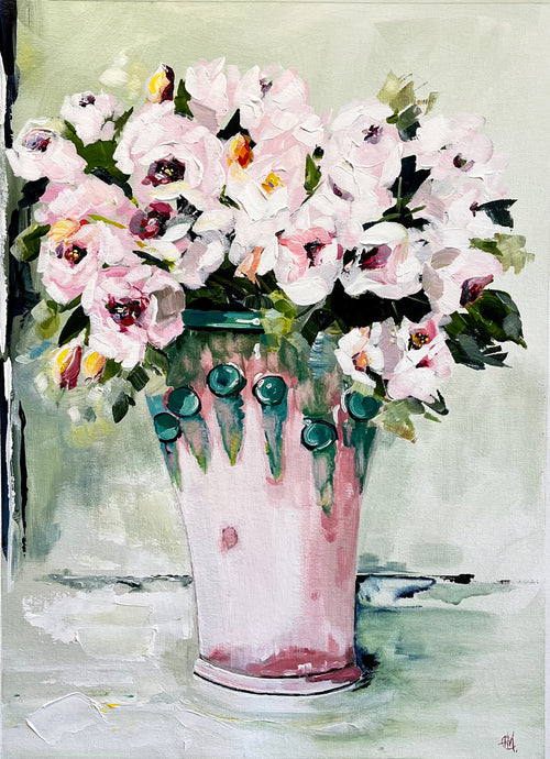 Painting of Pink Roses in Pink Vase Painted in Acrylic on Cotton Canvas roslynmary art.