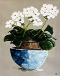 Painting of White Geranium in Terracotta Pot Painted in Acrylic on Cotton Canvas roslynmary art.