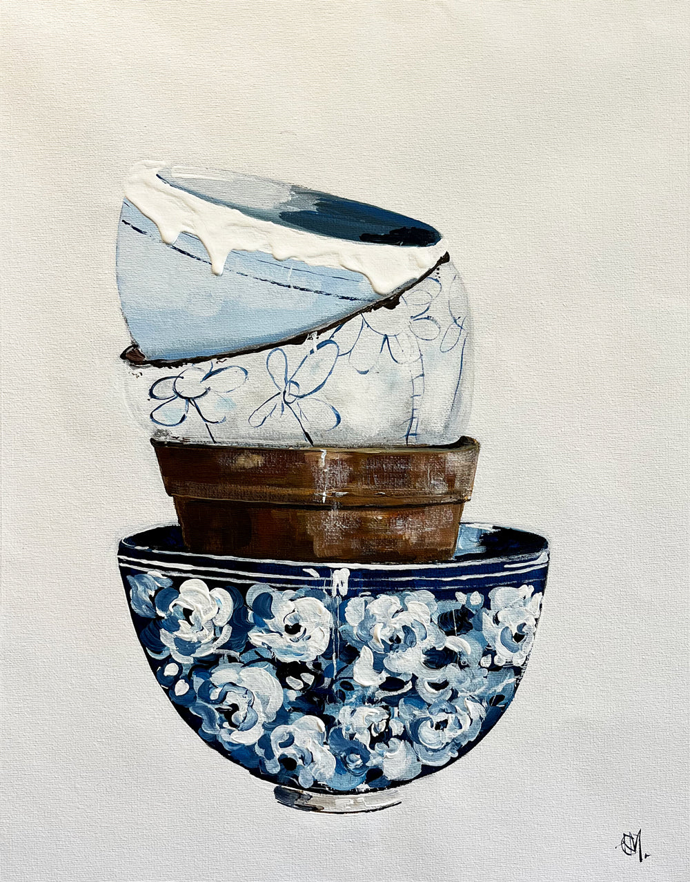 Stack of Ceramic Bowls Painted in Acrylic on Cotton Canvas roslynmary art.