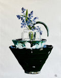 Painting of Blue Bells in Glass Vase Stacked in Ceramic Bowls Painted in Acrylic on Cotton Canvas roslynmary art.
