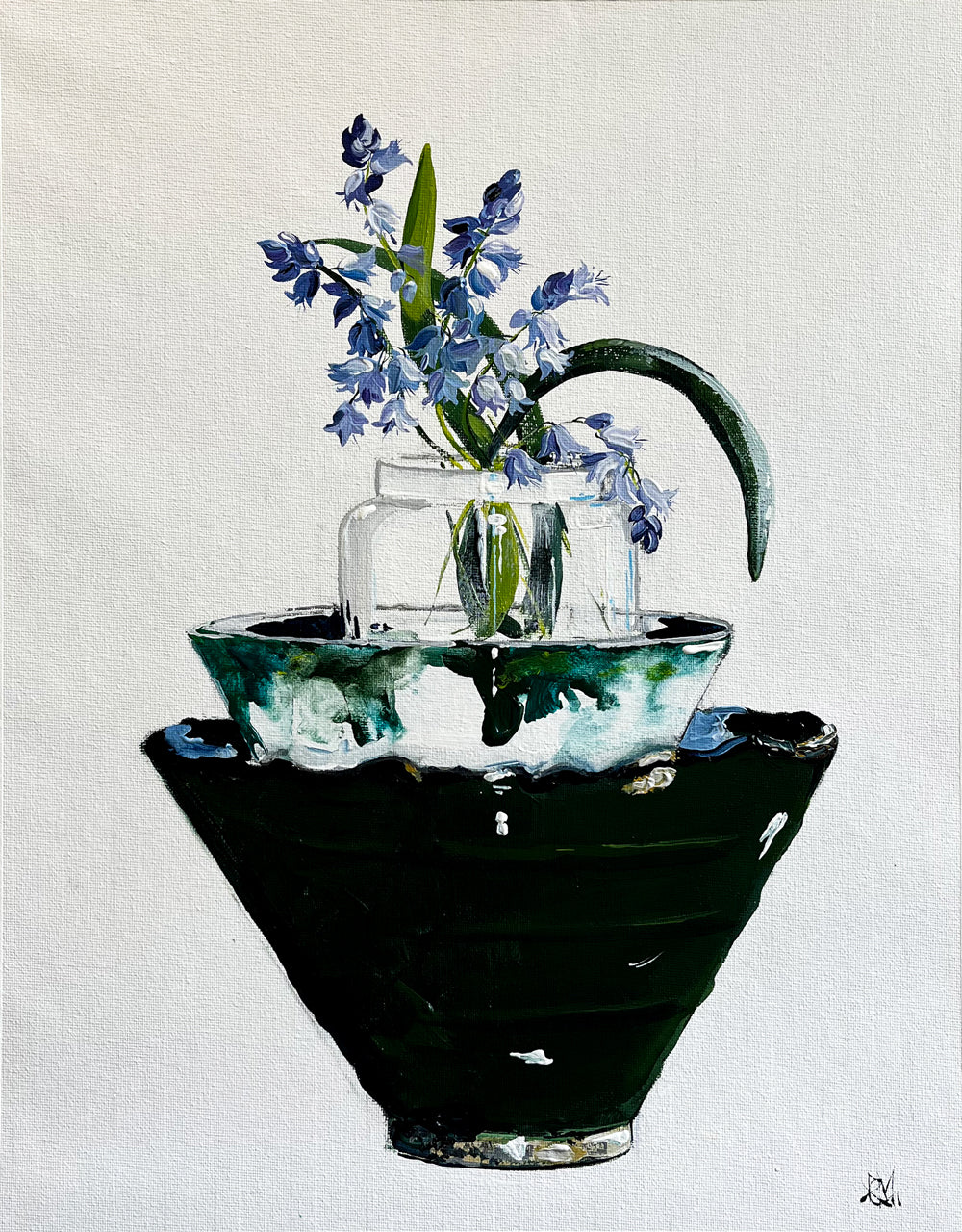 Painting of Blue Bells in Glass Vase Stacked in Ceramic Bowls Painted in Acrylic on Cotton Canvas roslynmary art.