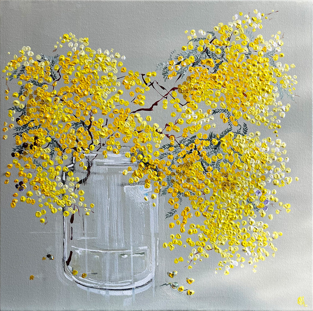 Painting of Wattle in Tall Glass Jar Painted in Acrylic on Stretched Canvas roslynmary art.