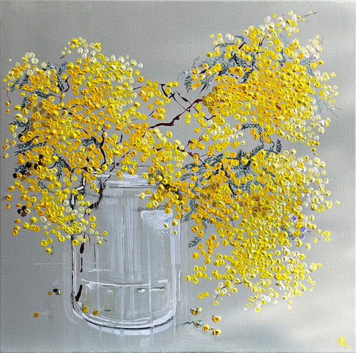 Painting of Wattle in Tall Glass Jar Painted in Acrylic on Stretched Canvas roslynmary art.