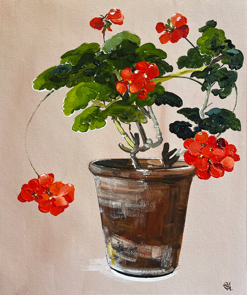 Painting of Red Geraniums in Terracotta Pot Painted in Acrylic on Cotton Canvas roslynmary art.