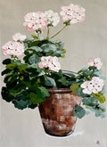 Painting of Pink Geraniums in Terracotta Pot Painted in Acrylic on Cotton Canvas roslynmary art.
