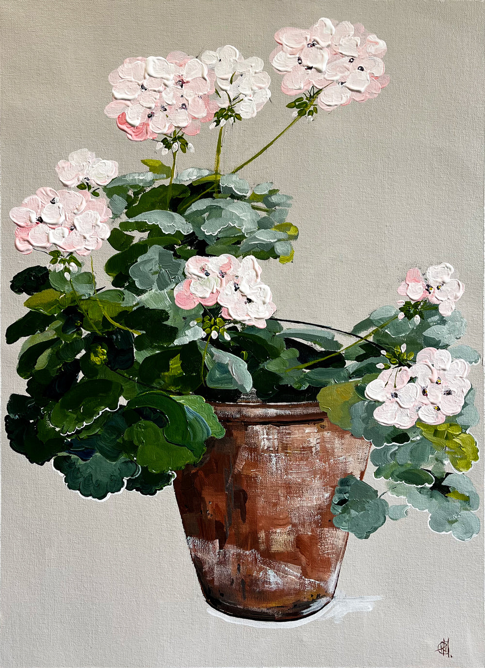 Painting of Pink Geraniums in Terracotta Pot Painted in Acrylic on Cotton Canvas roslynmary art.