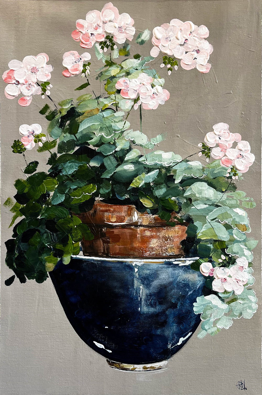 Painting of Pink Geraniums in Terracotta Pot Painted in Acrylic on Cotton Canvas