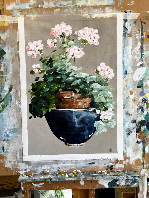 Painting of Pink Geraniums in Terracotta Pot Painted in Acrylic on Cotton Canvas on Easel