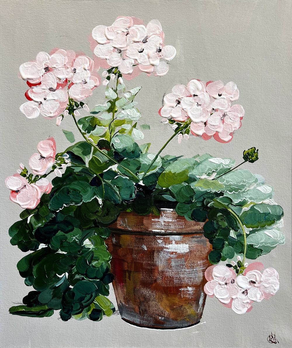 Painting of Pink Geraniums in Terracotta Pot Painted in Acrylic on Cotton Canvas roslynmary art.