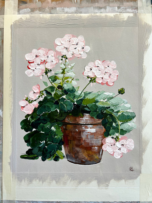 Painting of Pink Geraniums in Terracotta Pot Painted in Acrylic on Cotton Canvas on Easel roslynmary art.
