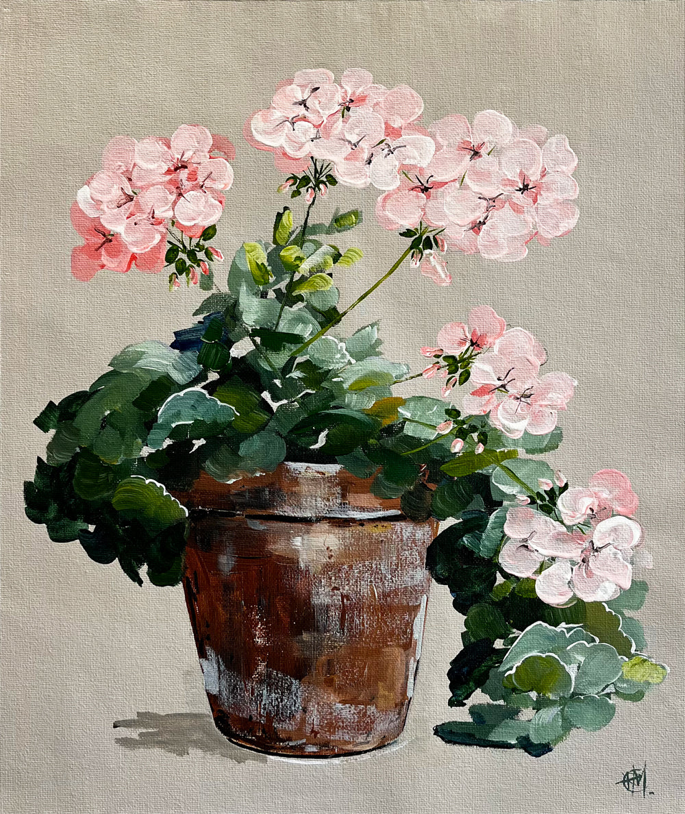 Painting of Pink Geraniums in Terracotta Pot Painted in Acrylic on Cotton Canvas roslynmary art.