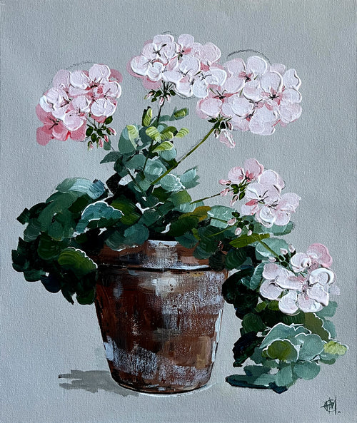 Painting of Pink Geraniums in Terracotta Pot Painted in Acrylic on Cotton Canvas roslynmary art.