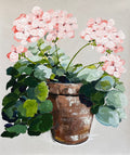 Painting of Pink Geraniums in Terracotta Pot Painted in Acrylic on Cotton Canvas roslynmary art.