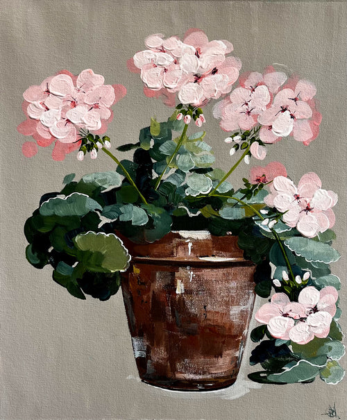 Painting of Pink Geraniums in Terracotta Pot Painted in Acrylic on Cotton Canvas roslynmary art.