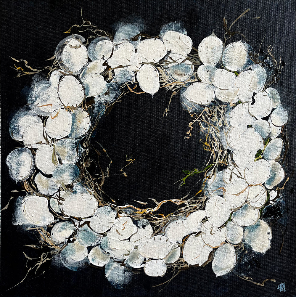 Painting of Wreath of Dried Honesty Painted in Acrylic on Cotton Canvas roslynmary art.