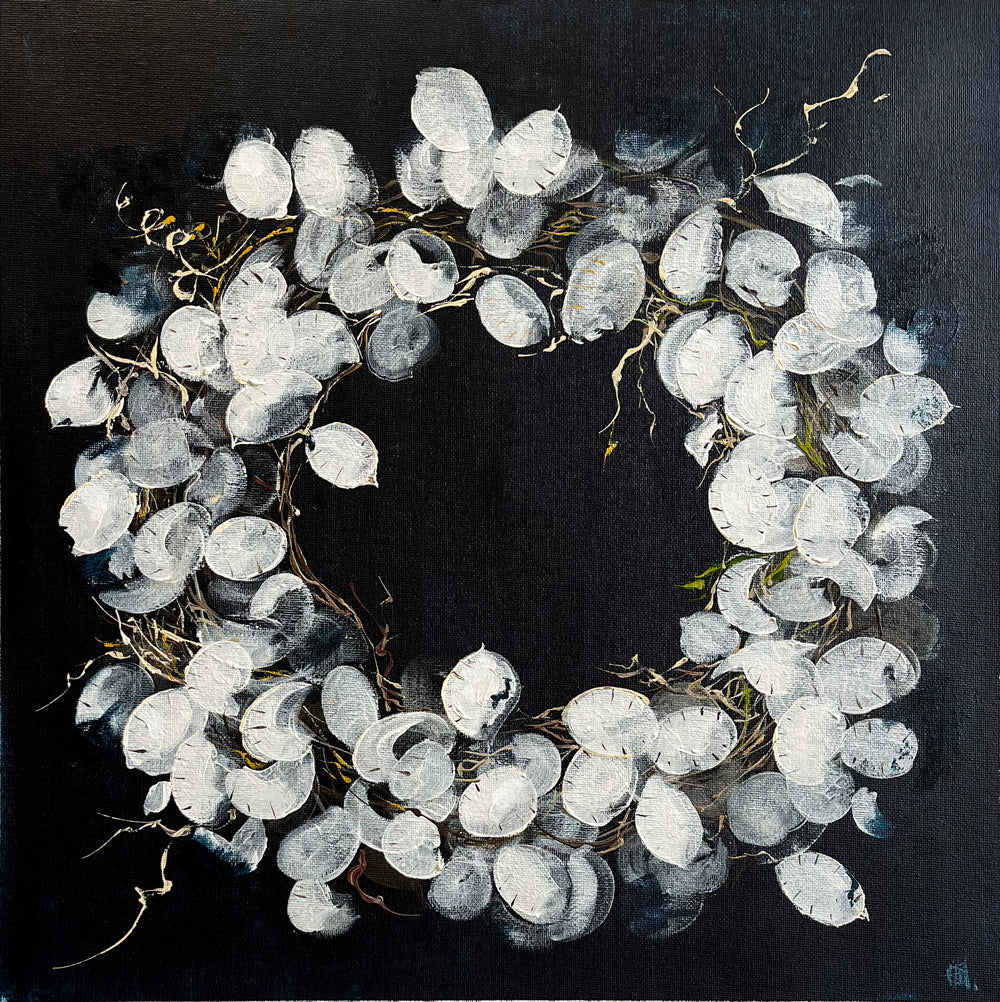 Painting of Wreath of Dried Honesty Painted in Acrylic on Cotton Canvas roslynmary art.