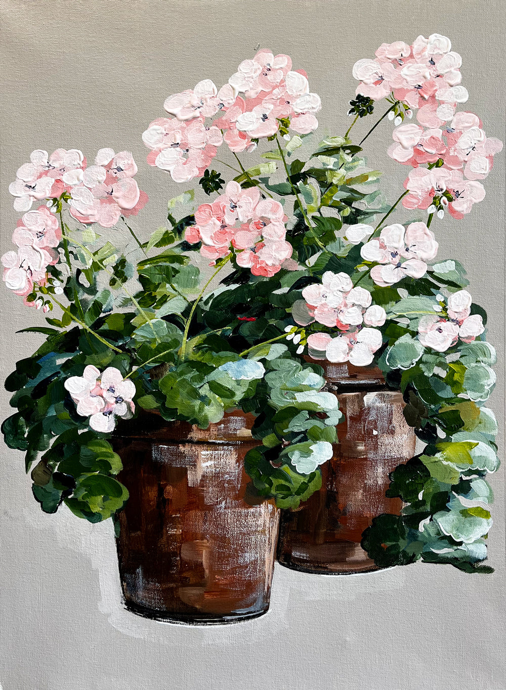 Painting of Pink Geraniums in Terracotta Pots Painted in Acrylic on Cotton Canvas roslynmary art.