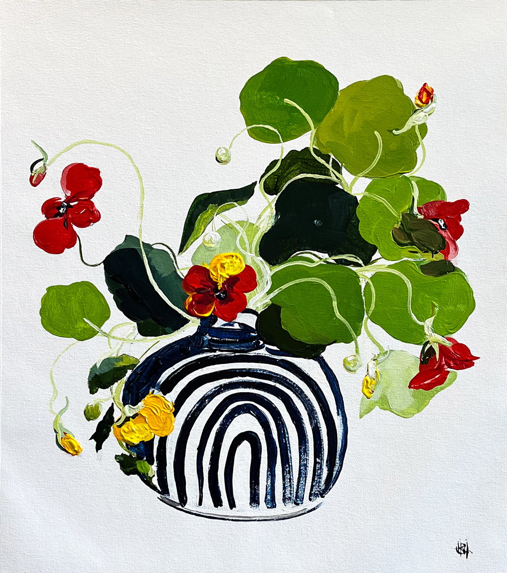 Painting of Nasturtiums in Ceramic Vase Painted in Acrylic on Cotton Canvas roslynmary art.