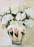 Painting of Hydrangeas in Ceramic Vase Painted in Acrylic on Cotton Canvas roslynmary art.