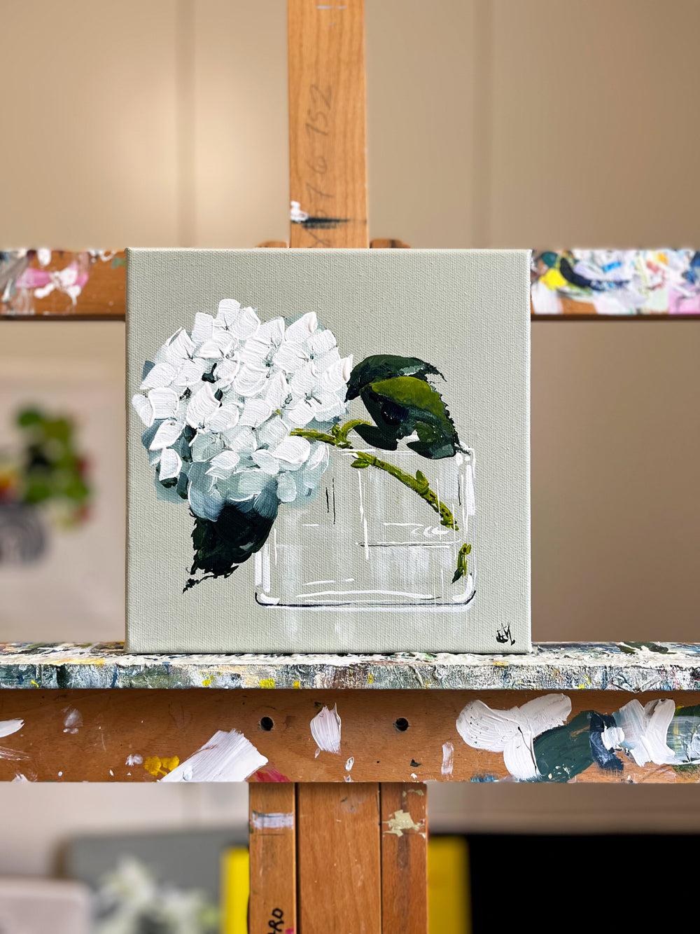 Painting of White Hydrangea in Glass Vase Painted in Acrylic on Stretched Canvas on Easel roslynmary art.