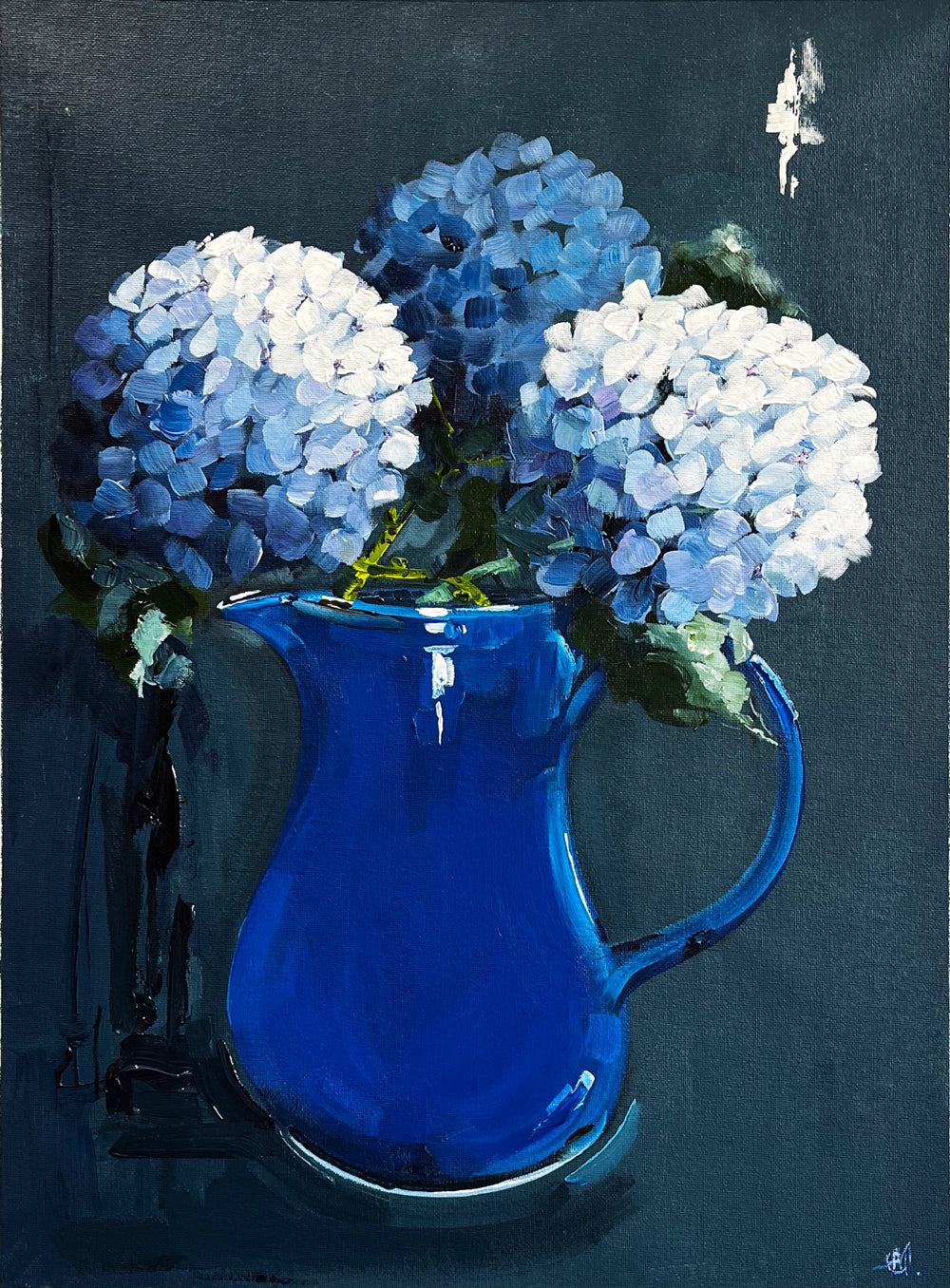 Painting of Hydrangeas in Blue Ceramic Jug Painted in Acrylic on Cotton Canvas roslynmary art.