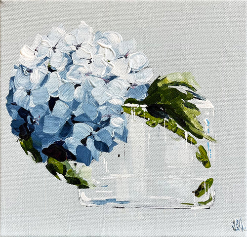 Painting of Blue Hydrangea in Glass Vase Painted in Acrylic on Stretched Canvas roslynmary art.
