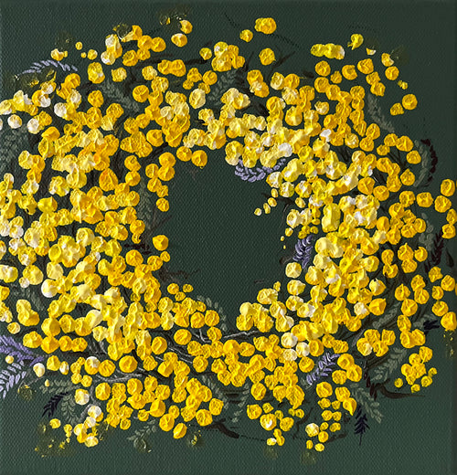 Painting of Yellow Wattle Wreath on Green Background Painted in Acrylic on Stretched Canvas roslynmary art.