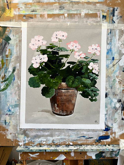 Painting of Pink Geraniums in Terracotta Pot Painted in Acrylic on Cotton Canvas on Easel roslynmary art.