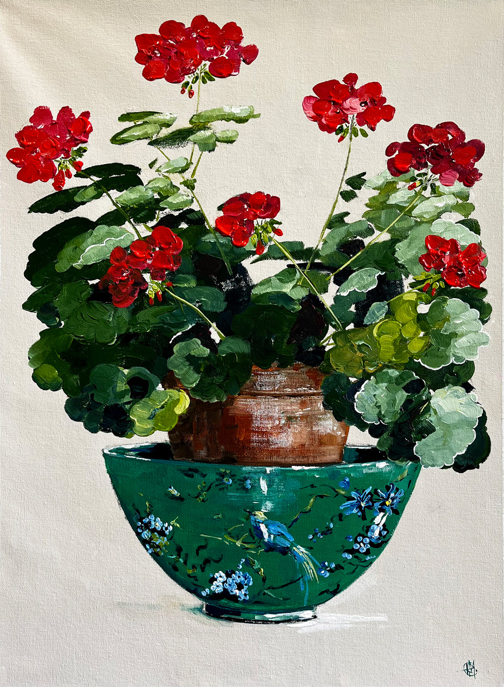 Painting of Red Geraniums in Terracotta Pot Painted in Acrylic on Cotton Canvas roslynmary art.