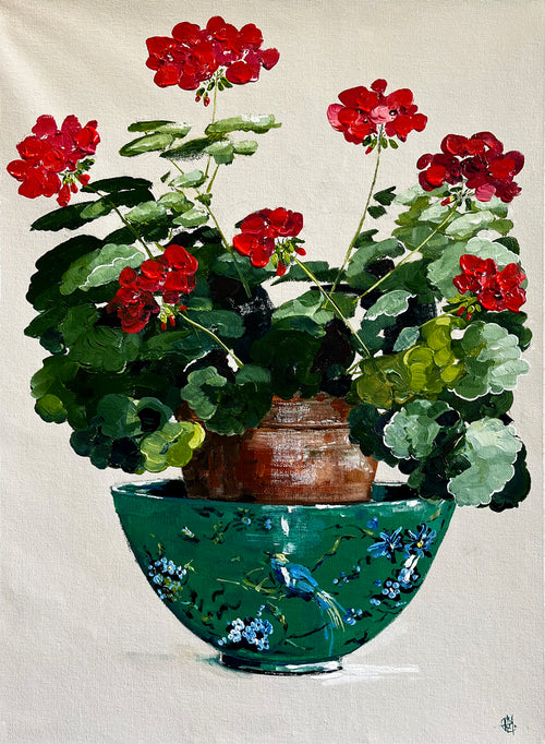 Painting of Red Geraniums in Terracotta Pot Painted in Acrylic on Cotton Canvas roslynmary art.