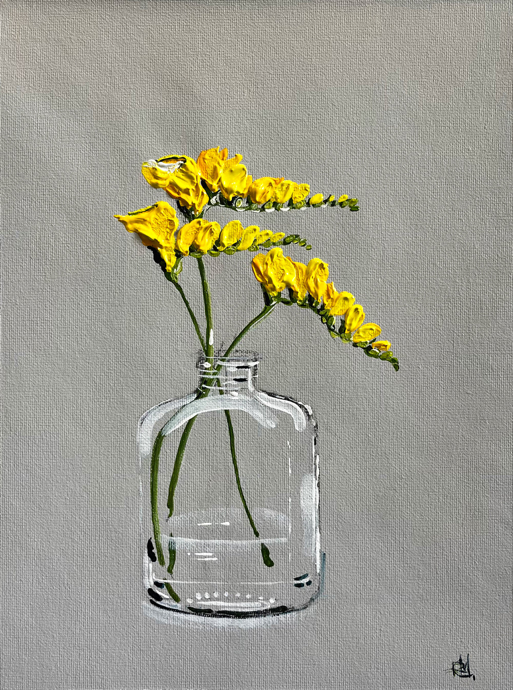 Painting of Yellow Freesias in Glass Bottle Painted in Acrylic on Cotton Canvas roslynmary art.