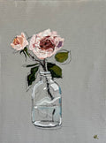 Painting of Single Pink Rose in Glass Bottle Painted in Acrylic on Cotton Canvas roslynmary art.