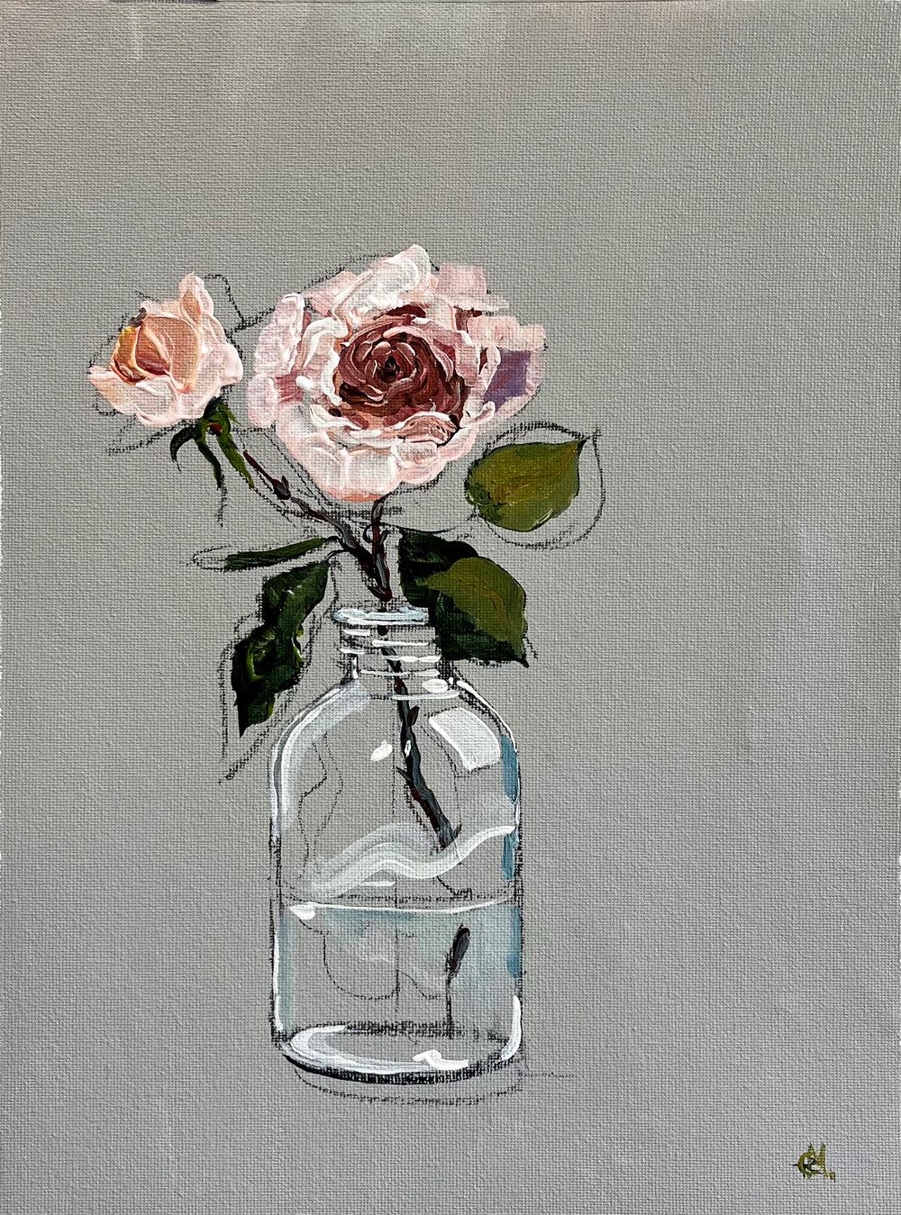 Painting of Single Pink Rose in Glass Bottle Painted in Acrylic on Cotton Canvas roslynmary art.