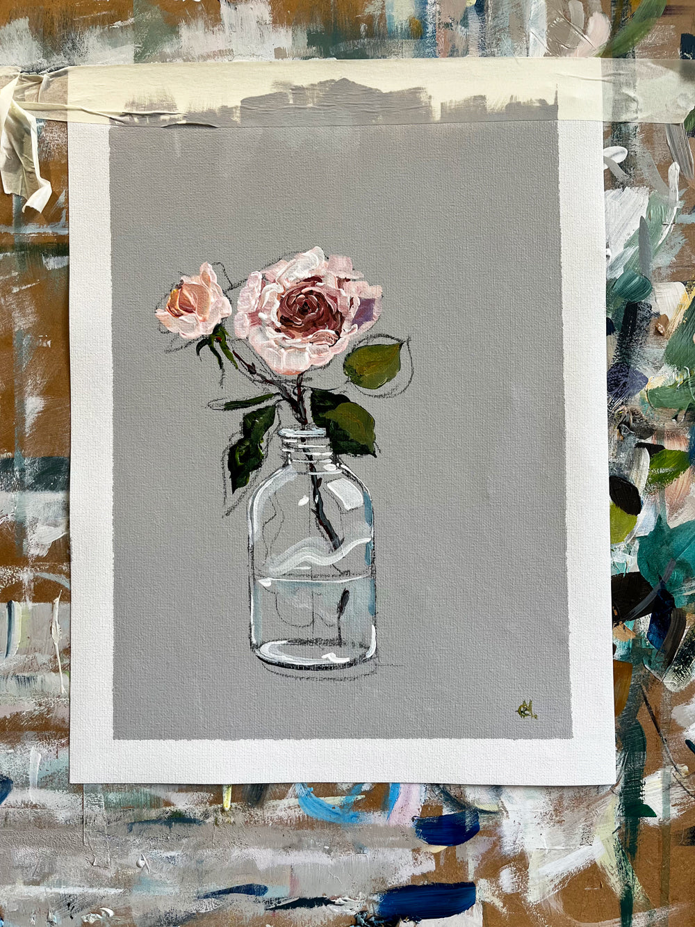 Painting of Single Pink Rose in Glass Bottle Painted in Acrylic on Cotton Canvas on Easel roslynmary art.