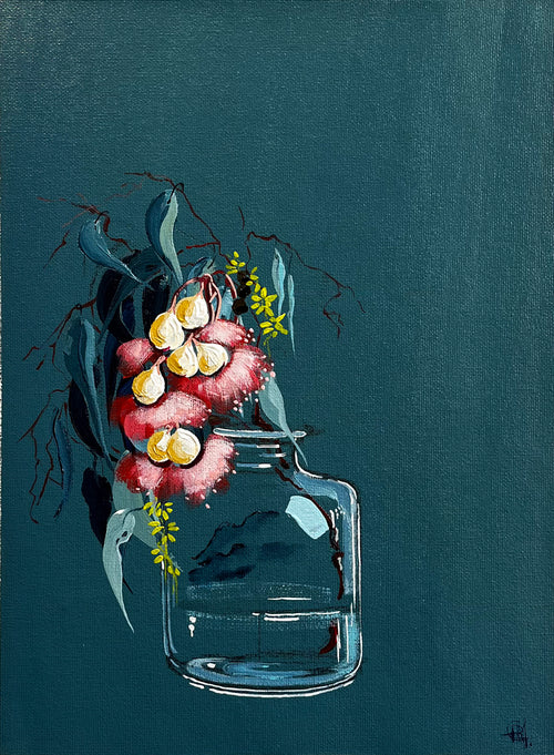 Painting of Eucalypt Blossom in Glass Bottle Painted in Acrylic on Cotton Canvas roslynmary art