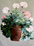 Painting of Pink Geraniums in Terracotta Pot Painted in Acrylic on Cotton Canvas roslynmary art.