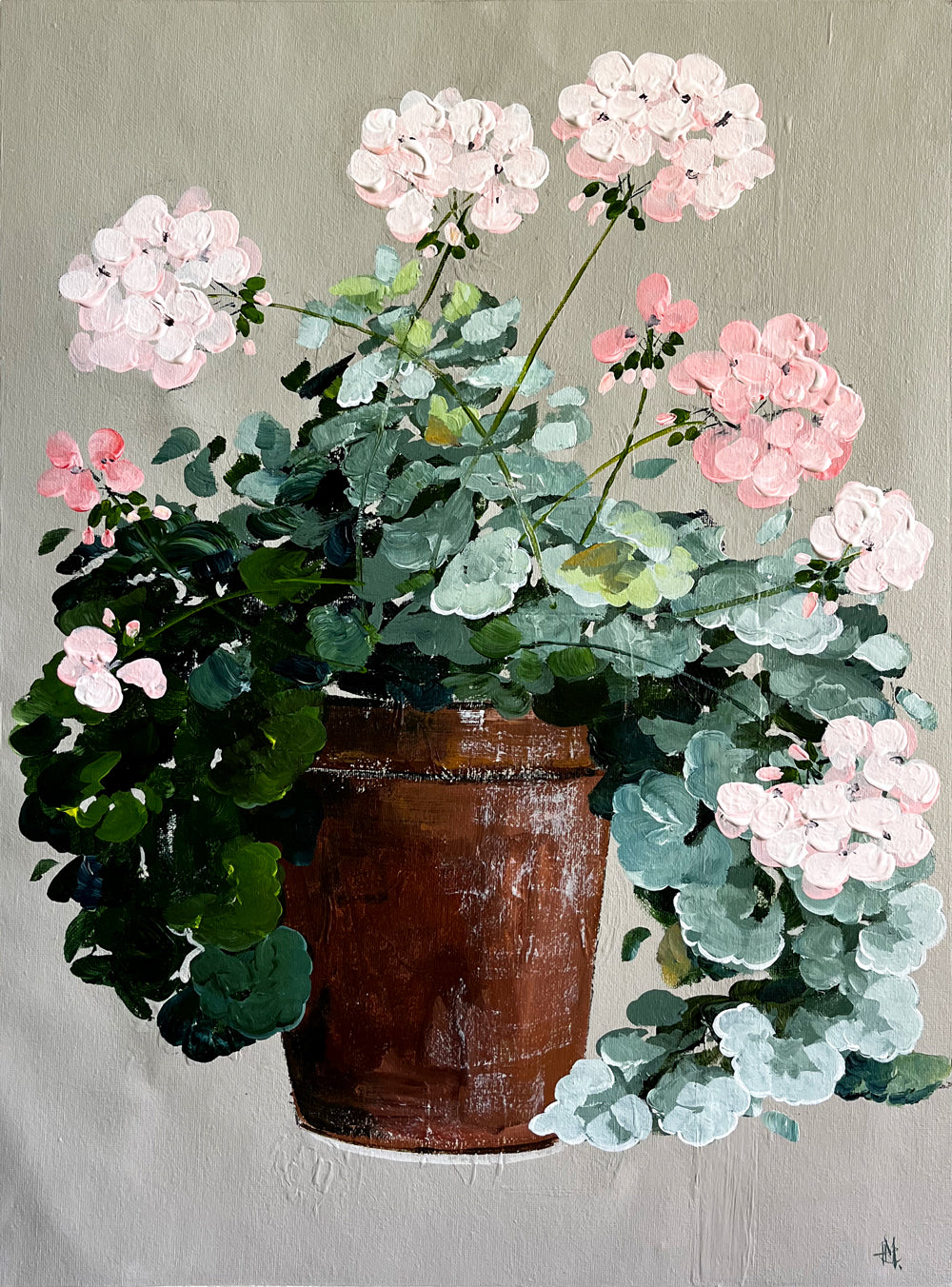 Painting of Pink Geraniums in Terracotta Pot Painted in Acrylic on Cotton Canvas roslynmary art.