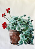 Painting of Red Geraniums in Terracotta Pot Painted in Acrylic on Cotton Canvas roslynmary art.