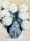 Painting of White Hydrangeas in Ceramic China Vase Painted in Acrylic on Cotton Canvas roslynmary art.