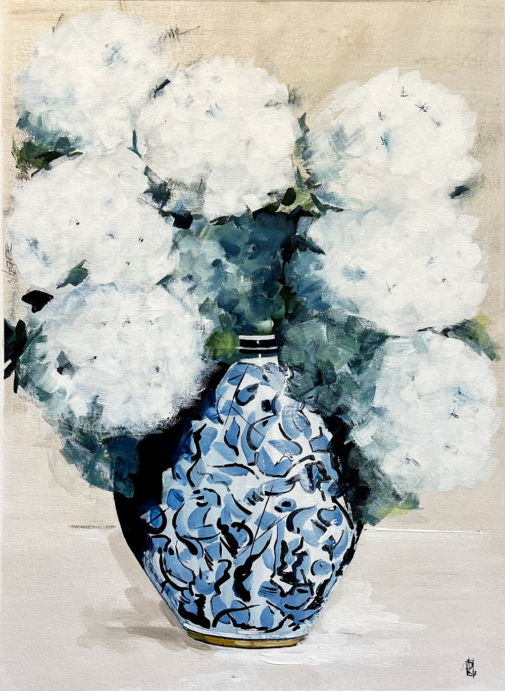 Painting of White Hydrangeas in Ceramic China Vase Painted in Acrylic on Cotton Canvas roslynmary art.