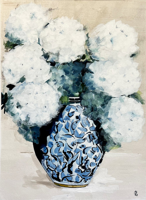 Painting of White Hydrangeas in Ceramic China Vase Painted in Acrylic on Cotton Canvas roslynmary art.