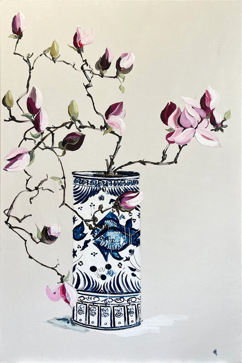 Painting of Port Wine Magnolias in Ceramic China Vase Painted in Acrylic on Stretched Canvas roslynmary art.