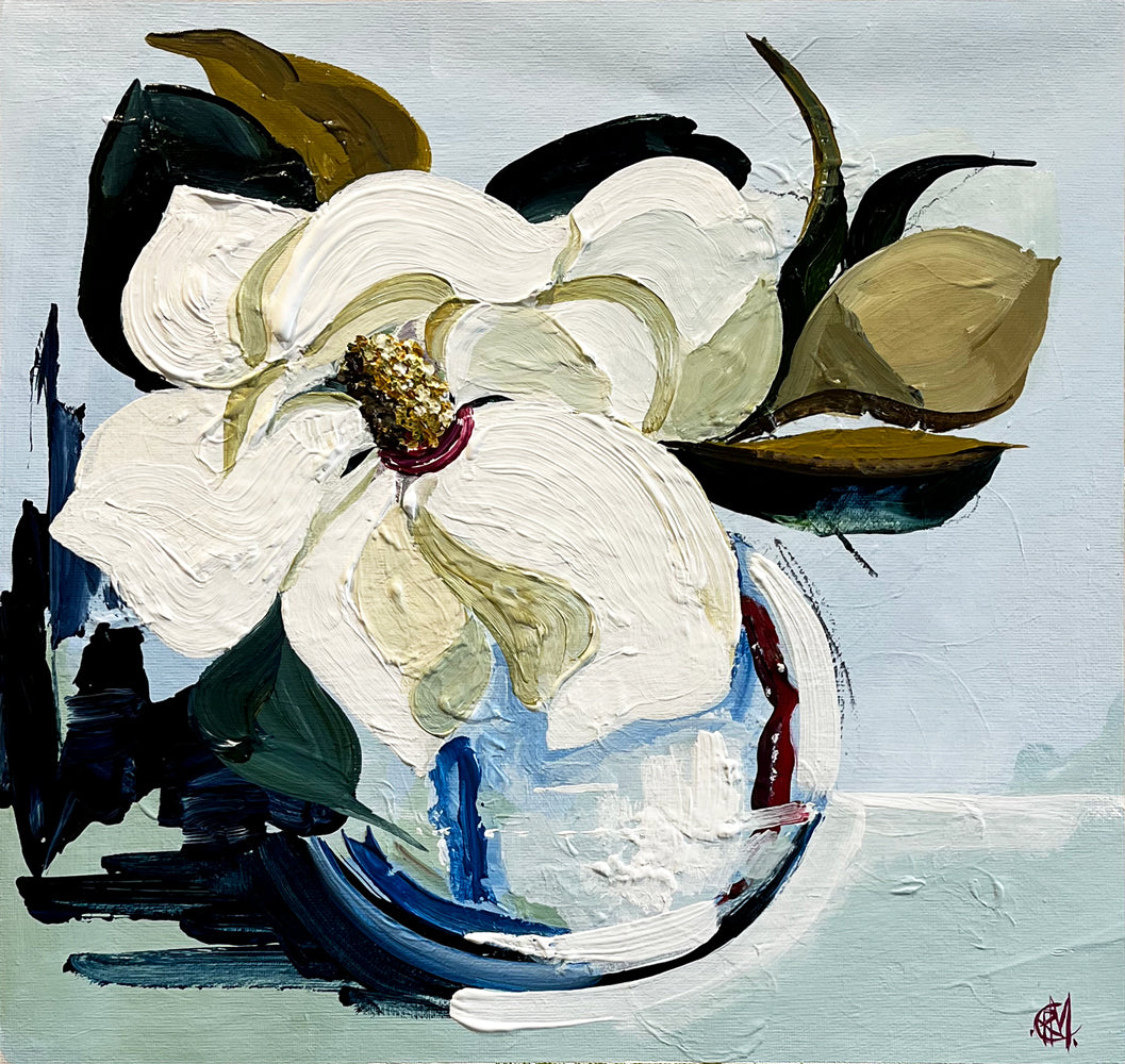 Painting of Magnolia in Ceramic Vase Painted in Acrylic on Cotton Canvas roslynmary art.