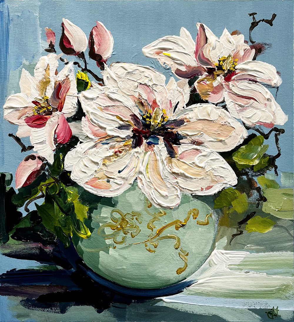 Painting of Magnolias in Ceramic Vase Painted in Acrylic on Cotton Canvas roslynmary art.