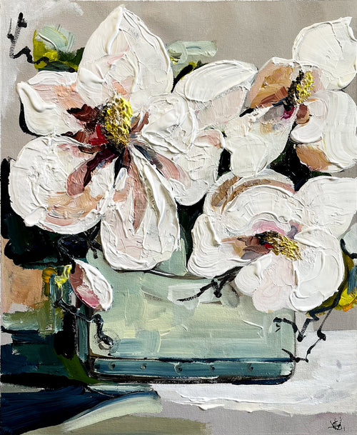 Painting of Magnolias in Vase Painted in Acrylic on Cotton Canvas roslynmary art.