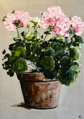 Painting of Pink Geraniums in Terracotta Pot Painted in Acrylic on Cotton Canvas roslynmary art.