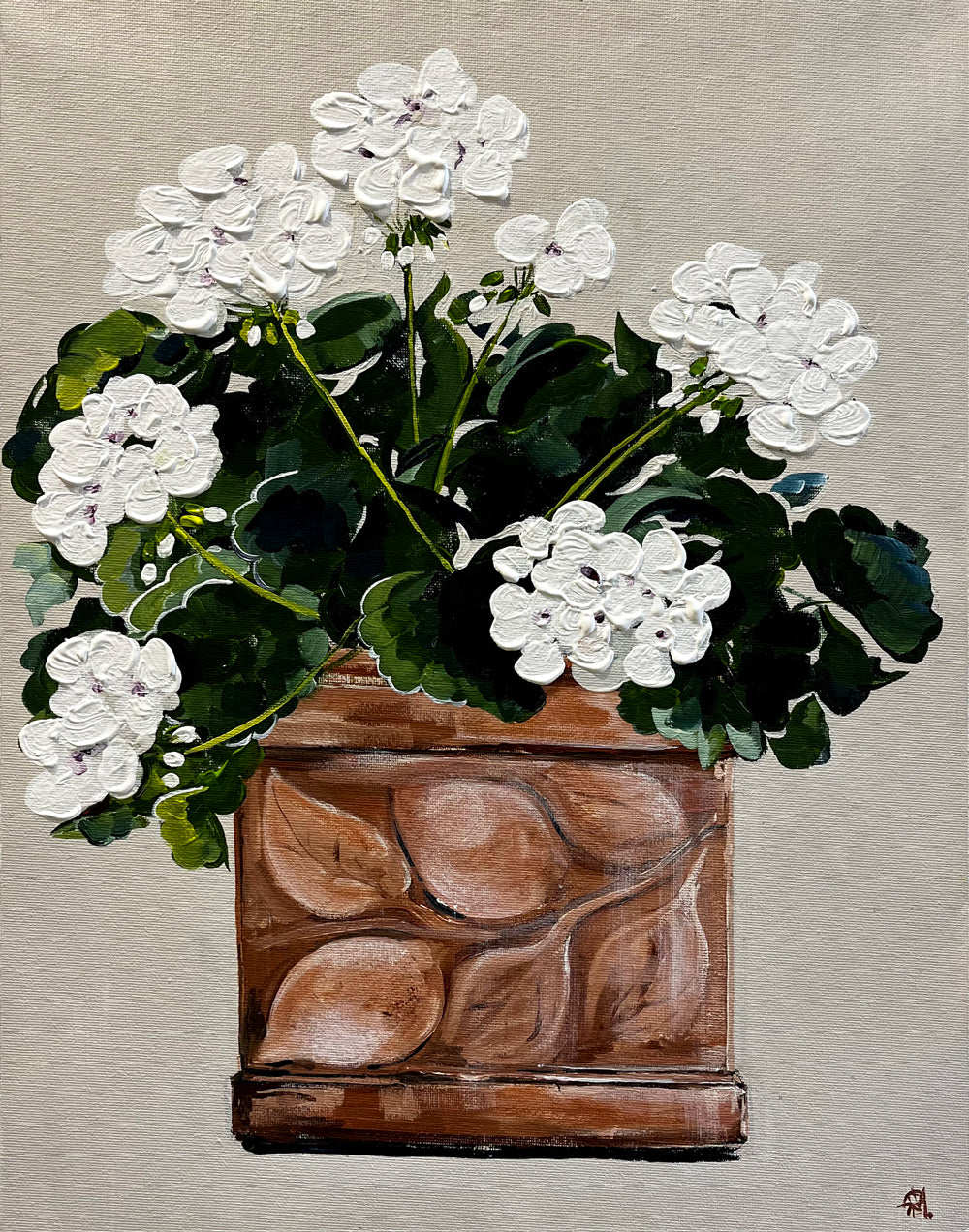 Painting of Pink Geraniums in Terracotta Pot Painted in Acrylic on Cotton Canvas roslynmary art.